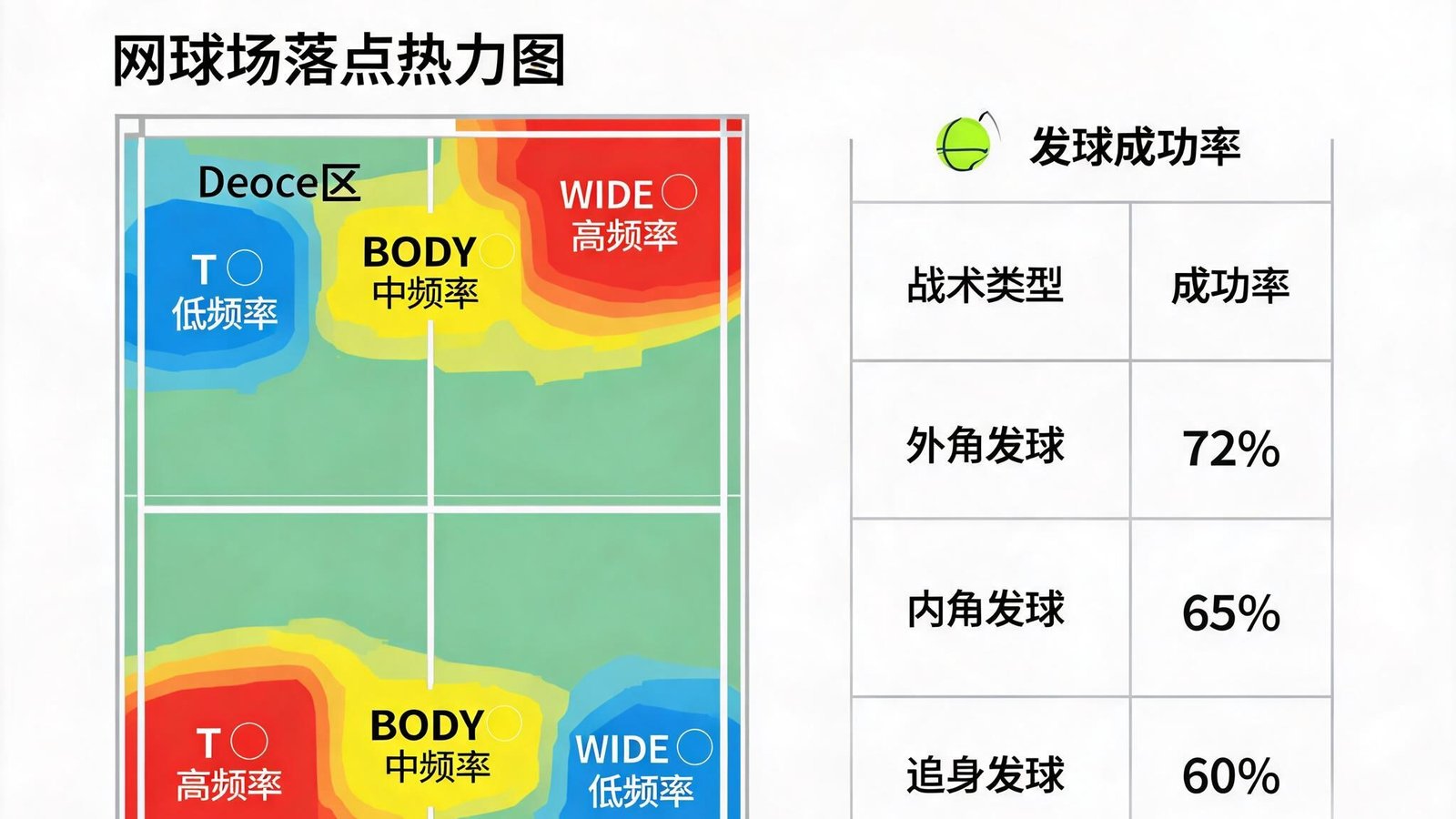 网球发球战术视频，画面显示球场发球落点分布热力图以及不同发球战术的成功率数据